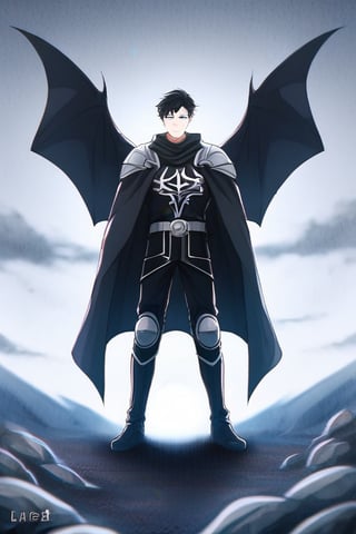 The animated version of Batman that belongs to the movie "Justice League x RWBY: Super Heroes & Huntsmen - Part 1" (He does have black hair, dark blue eyes, black pants, gray boots, gray metal knee pads, a gray breastplate with a black bat symbol on the front and underneath, a black long-sleeved t-shirt, black metal bat-shaped shoulder pads, gray armbands with 3 side blades on the sides, gloves blacks, a gray scarf, a gray utility belt and the age of 17), where Batman/Bruce Wayne is a "Bat Faunus" (Human being with two oversized black bat wings emerging from his back), in a landscape night with bats flying around,