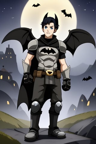 The animated version of Batman that belongs to the movie "Justice League x RWBY: Super Heroes & Huntsmen - Part 1" (He does have black hair, dark blue eyes, black pants, gray boots, gray metal knee pads, a gray breastplate with a black bat symbol on the front and underneath, a black long-sleeved t-shirt, black metal bat-shaped shoulder pads, gray armbands with 3 side blades on the sides, gloves blacks, a gray scarf, a gray utility belt and the age of 17), where Batman/Bruce Wayne is a "Bat Faunus" (Human being with two oversized black bat wings emerging from his back), in a landscape night.