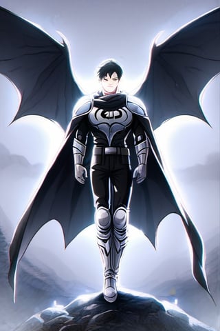 The animated version of Batman that belongs to the movie "Justice League x RWBY: Super Heroes & Huntsmen - Part 1" (He does have black hair, dark blue eyes, black pants, gray boots, gray metal knee pads, a gray breastplate with a black bat symbol on the front and underneath, a black long-sleeved t-shirt, black metal bat-shaped shoulder pads, gray armbands with 3 side blades on the sides, gloves blacks, a gray scarf, a gray utility belt and the age of 17), where Batman/Bruce Wayne is a "Bat Faunus" (Human being with two oversized black bat wings emerging from his back), in a landscape night with bats flying around.