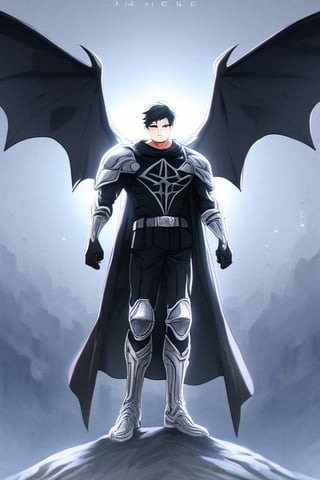 The animated version of Batman that belongs to the movie "Justice League x RWBY: Super Heroes & Huntsmen - Part 1" (He does have black hair, dark blue eyes, black pants, gray boots, gray metal knee pads, a gray breastplate with a black bat symbol on the front and underneath, a black long-sleeved t-shirt, black metal bat-shaped shoulder pads, gray armbands with 3 side blades on the sides, gloves blacks, a gray scarf, a gray utility belt and the age of 17), where Batman/Bruce Wayne is a "Bat Faunus" (Human being with two oversized black bat wings emerging from his back), in a landscape night with bats flying around.