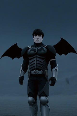 The animated version of Batman that belongs to the movie "Justice League x RWBY: Super Heroes & Huntsmen - Part 1" (He does have black hair, dark blue eyes, black pants, gray boots, gray metal knee pads, a gray breastplate with a black bat symbol on the front and underneath, a black long-sleeved t-shirt, black metal bat-shaped shoulder pads, gray armbands with 3 side blades on the sides, gloves blacks, a gray scarf, a gray utility belt and the age of 17), where Batman/Bruce Wayne is a "Bat Faunus" (Human being with two oversized black bat wings emerging from his back), in a landscape night.,Movie Still