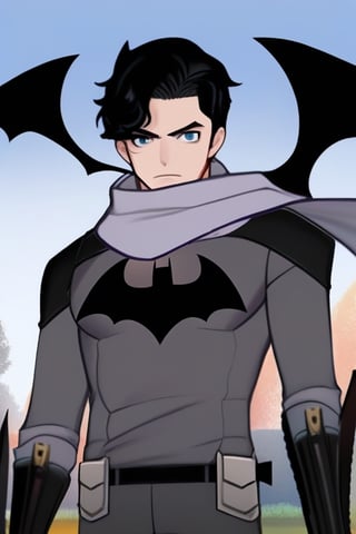 The animated version of Batman that belongs to the movie "Justice League x RWBY: Super Heroes & Huntsmen - Part 1" (He does have black hair, dark blue eyes, black pants, gray boots, gray metal knee pads, a gray breastplate with a black bat symbol on the front and underneath, a black long-sleeved t-shirt, black metal bat-shaped shoulder pads, gray armbands with 3 side blades on the sides, gloves blacks, a gray scarf, a gray utility belt and the age of 17), where Batman/Bruce Wayne is a "Bat Faunus" (Human being with two oversized black bat wings emerging from his back), in a landscape night.