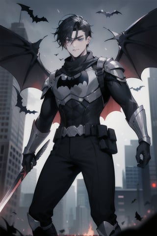 The animated version of Batman that belongs to the movie "Justice League x RWBY: Super Heroes & Huntsmen - Part 1" (He has black hair, dark blue eyes, black pants, gray boots with metal armor along them up to the knees, a gray breastplate with a black bat symbol on the chest and underneath, a black long-sleeved t-shirt, black metal bat-shaped shoulder pads, gray armbands with 3 side blades on the sides, black gloves, a gray scarf, a gray utility belt, 2 rapier type swords and the age of 17), where Batman/Bruce Wayne is a "Bat Faunus" (Human being with two huge black bat wings emerging from his back), in a landscape night with bats flying around.