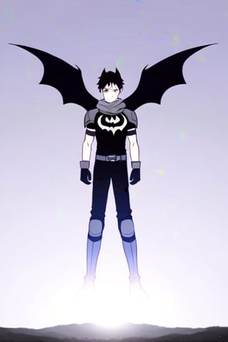 The animated version of Batman that belongs to the movie "Justice League x RWBY: Super Heroes & Huntsmen - Part 1" (He does have black hair, dark blue eyes, black pants, gray boots, gray metal knee pads, a gray breastplate with a black bat symbol on the front and underneath, a black long-sleeved t-shirt, black metal bat-shaped shoulder pads, gray armbands with 3 side blades on the sides, gloves blacks, a gray scarf, a gray utility belt and the age of 17), where Batman/Bruce Wayne is a "Bat Faunus" (Human being with two oversized black bat wings emerging from his back), in a landscape night with bats flying around..