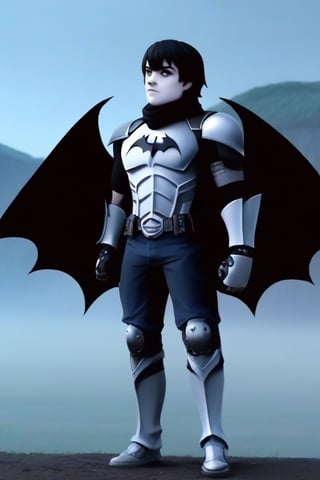 The animated version of Batman that belongs to the movie "Justice League x RWBY: Super Heroes & Huntsmen - Part 1" (He does have black hair, dark blue eyes, black pants, gray boots, gray metal knee pads, a gray breastplate with a black bat symbol on the front and underneath, a black long-sleeved t-shirt, black metal bat-shaped shoulder pads, gray armbands with 3 side blades on the sides, gloves blacks, a gray scarf, a gray utility belt and the age of 17), where Batman/Bruce Wayne is a "Bat Faunus" (Human being with two oversized black bat wings emerging from his back), in a landscape night.