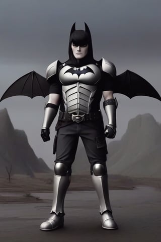 The animated version of Batman that belongs to the movie "Justice League x RWBY: Super Heroes & Huntsmen - Part 1" (He does have black hair, dark blue eyes, black pants, gray boots, gray metal knee pads, a gray breastplate with a black bat symbol on the front and underneath, a black long-sleeved t-shirt, black metal bat-shaped shoulder pads, gray armbands with 3 side blades on the sides, gloves blacks, a gray scarf, a gray utility belt and the age of 17), where Batman/Bruce Wayne is a "Bat Faunus" (Human being with two oversized black bat wings emerging from his back), in a landscape night.