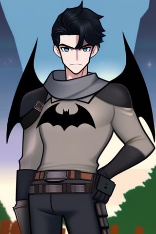 The animated version of Batman that belongs to the movie "Justice League x RWBY: Super Heroes & Huntsmen - Part 1" (He does have black hair, dark blue eyes, black pants, gray boots, gray metal knee pads, a gray breastplate with a black bat symbol on the front and underneath, a black long-sleeved t-shirt, black metal bat-shaped shoulder pads, gray armbands with 3 side blades on the sides, gloves blacks, a gray scarf, a gray utility belt and the age of 17), where Batman/Bruce Wayne is a "Bat Faunus" (Human being with two oversized black bat wings emerging from his back), in a landscape night.