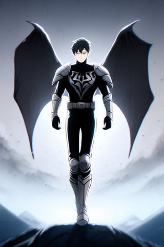 The animated version of Batman that belongs to the movie "Justice League x RWBY: Super Heroes & Huntsmen - Part 1" (He does have black hair, dark blue eyes, black pants, gray boots, gray metal knee pads, a gray breastplate with a black bat symbol on the front and underneath, a black long-sleeved t-shirt, black metal bat-shaped shoulder pads, gray armbands with 3 side blades on the sides, gloves blacks, a gray scarf, a gray utility belt and the age of 17), where Batman/Bruce Wayne is a "Bat Faunus" (Human being with two oversized black bat wings emerging from his back), in a landscape night with bats flying around.