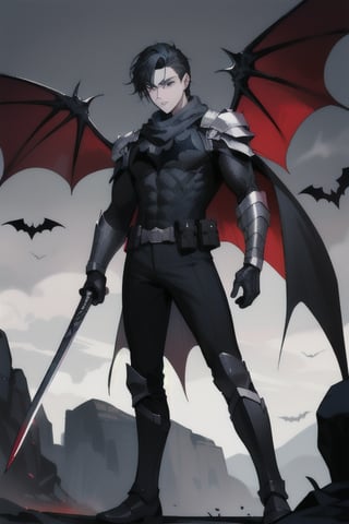 The animated version of Batman that belongs to the movie "Justice League x RWBY: Super Heroes & Huntsmen - Part 1" (He has black hair, dark blue eyes, black pants, gray boots with metal armor along them up to the knees, a gray breastplate with a black bat symbol on the chest and underneath, a black long-sleeved t-shirt, black metal bat-shaped shoulder pads, gray armbands with 3 side blades on the sides, black gloves, a gray scarf, a gray utility belt, 2 rapier type swords and the age of 17), where Batman/Bruce Wayne is a "Bat Faunus" (Human being with two huge black bat wings emerging from his back), in a landscape night with bats flying around.