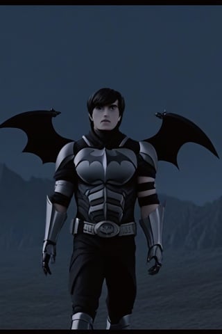 The animated version of Batman that belongs to the movie "Justice League x RWBY: Super Heroes & Huntsmen - Part 1" (He does have black hair, dark blue eyes, black pants, gray boots, gray metal knee pads, a gray breastplate with a black bat symbol on the front and underneath, a black long-sleeved t-shirt, black metal bat-shaped shoulder pads, gray armbands with 3 side blades on the sides, gloves blacks, a gray scarf, a gray utility belt and the age of 17), where Batman/Bruce Wayne is a "Bat Faunus" (Human being with two oversized black bat wings emerging from his back), in a landscape night.,Movie Still