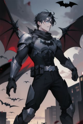 The animated version of Batman that belongs to the movie "Justice League x RWBY: Super Heroes & Huntsmen - Part 1" (He does have black hair, dark blue eyes, black pants, gray boots, gray metal knee pads, a gray breastplate with a black bat symbol on the front and underneath, a black long-sleeved t-shirt, black metal bat-shaped shoulder pads, gray armbands with 3 side blades on the sides, gloves blacks, a gray scarf, a gray utility belt and the age of 17), where Batman/Bruce Wayne is a "Bat Faunus" (Human being with two oversized black bat wings emerging from his back), in a landscape night with bats flying around.