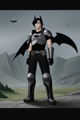 The animated version of Batman that belongs to the movie "Justice League x RWBY: Super Heroes & Huntsmen - Part 1" (He does have black hair, dark blue eyes, black pants, gray boots, gray metal knee pads, a gray breastplate with a black bat symbol on the front and underneath, a black long-sleeved t-shirt, black metal bat-shaped shoulder pads, gray armbands with 3 side blades on the sides, gloves blacks, a gray scarf, a gray utility belt and the age of 17), where Batman/Bruce Wayne is a "Bat Faunus" (Human being with two oversized black bat wings emerging from his back), in a landscape night.