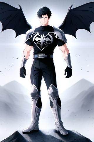 The animated version of Batman that belongs to the movie "Justice League x RWBY: Super Heroes & Huntsmen - Part 1" (He does have black hair, dark blue eyes, black pants, gray boots, gray metal knee pads, a gray breastplate with a black bat symbol on the front and underneath, a black long-sleeved t-shirt, black metal bat-shaped shoulder pads, gray armbands with 3 side blades on the sides, gloves blacks, a gray scarf, a gray utility belt and the age of 17), where Batman/Bruce Wayne is a "Bat Faunus" (Human being with two oversized black bat wings emerging from his back), in a landscape night with bats flying around.