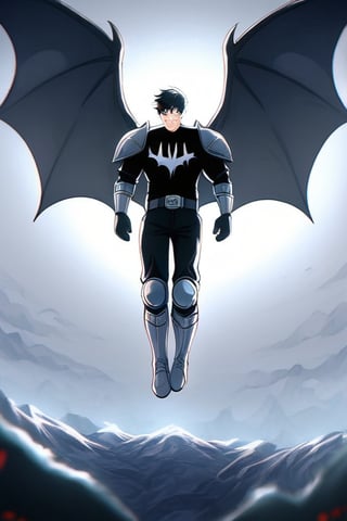 The animated version of Batman that belongs to the movie "Justice League x RWBY: Super Heroes & Huntsmen - Part 1" (He does have black hair, dark blue eyes, black pants, gray boots, gray metal knee pads, a gray breastplate with a black bat symbol on the front and underneath, a black long-sleeved t-shirt, black metal bat-shaped shoulder pads, gray armbands with 3 side blades on the sides, gloves blacks, a gray scarf, a gray utility belt and the age of 17), where Batman/Bruce Wayne is a "Bat Faunus" (Human being with two oversized black bat wings emerging from his back), in a landscape night with bats flying around,