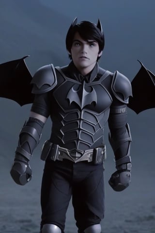 The animated version of Batman that belongs to the movie "Justice League x RWBY: Super Heroes & Huntsmen - Part 1" (He does have black hair, dark blue eyes, black pants, gray boots, gray metal knee pads, a gray breastplate with a black bat symbol on the front and underneath, a black long-sleeved t-shirt, black metal bat-shaped shoulder pads, gray armbands with 3 side blades on the sides, gloves blacks, a gray scarf, a gray utility belt and the age of 17), where Batman/Bruce Wayne is a "Bat Faunus" (Human being with two oversized black bat wings emerging from his back), in a landscape night.,Movie Still