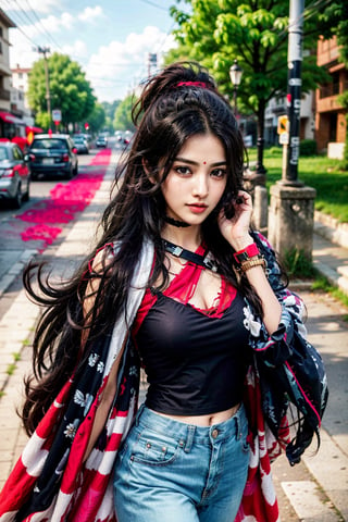 beautiful cute young attractive indian, village girl, 28 years old, cute, Instagram model, long black_hair, colorful hair, warm, dacing, indian, wearing red top and jeans, walking on road side,