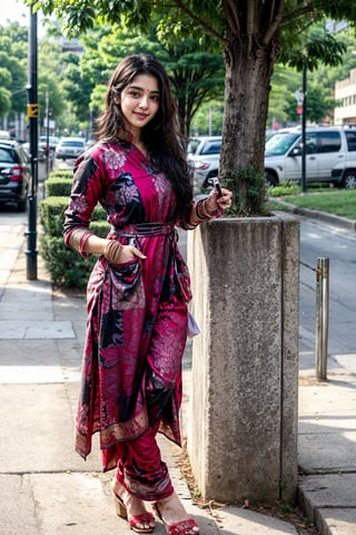 beautiful cute young attractive indian teenage girl, village girl, 18 years old, cute, Instagram model, long black hair, colorful hair, warm, dacing, standing at college, near schoo building,realistic, portrait, red kurti , hairstyle ,indian, smiling face red dress wide shot, far shot , red dress , top red , shoes , hairstyle, standing near stree, on phone smile , sitting, far ,