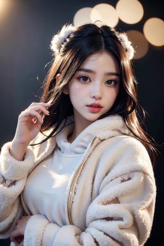 (masterpiece, top quality, best quality, official art, beautiful and aesthetic:1.2), hdr, high contrast, wideshot, 1girl, very long black hair, looking at viewer, clearly brown eyes, longfade eyebrow, soft make up, ombre lips, large breast (cheerfull act), frosty, parka jacket, (kpop clothing theme:1.5),  finger detailed, background detailed, ambient lighting, extreme detailed, cinematic shot, realistic ilustration, (soothing tones:1.3), (hyperdetailed:1.2)