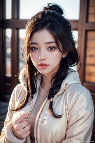 (masterpiece, top quality, best quality, official art, beautiful and aesthetic:1.2), hdr, high contrast, wideshot, 1girl, very long black hair, looking at viewer, clearly brown eyes, longfade eyebrow, soft make up, ombre lips, large breast (cheerfull act), frosty, parka jacket, (kpop clothing theme:1.5),  finger detailed, background detailed, ambient lighting, extreme detailed, cinematic shot, realistic ilustration, (soothing tones:1.3), (hyperdetailed:1.2)