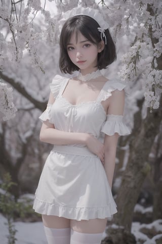 ((Masterpiece, highest quality, 8k high quality photo, cinematic lighting, head lighting in the dark,, realistic illustration, (facial details: 1.2), fine fair skin hair, small smile, large breasts, cleavage, curves, toned abs , detailed face,)), 1girl, apron, cherry blossom tree, black ribbon, blue hair, branches, separated collar, separated sleeves, flowers, forest, ruffled sleeves, frills, hair accessories, hair on one eye, looking at viewer, maid, maid tiara, medium breasts, nature, outdoors, re:zero, ribbon, Roswaal House maid uniform, short hair, snow, snowflakes, solo, standing, high socks, tree, waist apron, white apron, white tights, winter, wisteria, x hair accessories