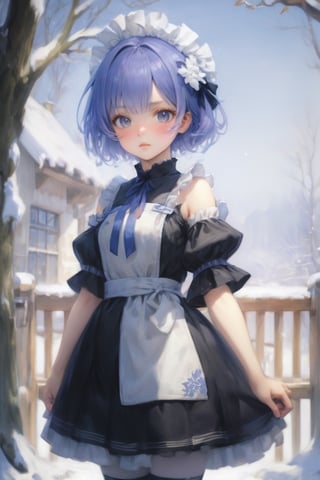 (Best quality, High quality, masterpiece, Watercolor painting, ligne_claire, Anime Illustration), ((stylized art style, painted by Egon Schiele and Rembrandt and Gustave Dorè)), 1girl, apron, bare tree, black ribbon, blue hair, branch, detached collar, detached sleeves, flower, forest, frilled sleeves, frills, hair ornament, hair over one eye, looking at viewer, maid, maid headdress, medium breasts, nature, outdoors, rem \(re:zero\), ribbon, roswaal mansion maid uniform, short hair, snow, snowflakes, solo, standing, thighhighs, tree, waist apron, white apron, white legwear, winter, wisteria, x hair ornament