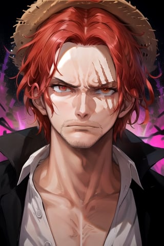 (masterpiece), best quality, 4k. details, expressive eyes, perfect face, looking at viewer, upset, fury, frown, red hair, white shirt, scar on right eye, old straw hat on head, red aura, dark sky, red lights in the background ,red pupils, long eyelashes,man,manly,Shnks