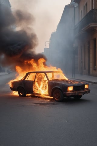 a burning car, ((huge flames and smoke)), ((side view)), lights on, on an empty street with no scenery around