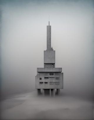 surreal concrete building, surrealism, ((small building)), mist, isolated, foggy background, brutalism, brutalist, soviet architecture, complex structure, doomed, concrete, digital artwork by Beksinski,beyond_the_black_rainbow