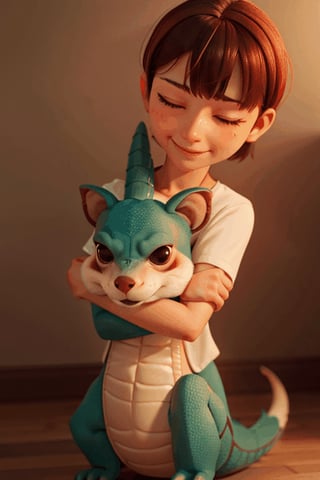 1girl, blush, smile, short hair, bangs, brown hair, holding, closed mouth, closed eyes, hug, ^ ^, animal, child, dragon, creature, eastern dragon