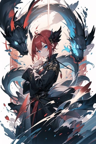 blue eyes, red hair, High detailed, midjourney, masterpiece, perfecteyes, mage clothing, short hair, evil smirk, demonic aura, long sleeves, hands hidden by sleeves