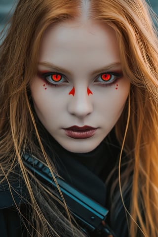 overhead angle shot,Red eyes, evil, golden, shiny, gold hair,High detailed ,midjourney,perfecteyes,Color magic,urban techwear,hmochako,better witch,witch, witch,Long hair ,long hair