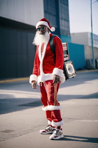 ((anime)), Santa Claus wearing hip hop outfit walking on the street, a boom box on the shoulder, musical notes floating in the air, more detail XL, SFW, solo, medium shot