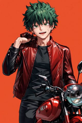 midoriya izuku, body paint, a scar, 4k, (robotic left arm) (red hair), black t-shirt with red, (leather motorcycle jacket)