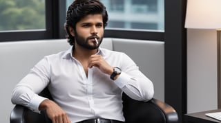 Vijay deverakonda, smoking cigarettes, single, looking at viewer, short hair, shirt, black hair, long sleeves, 1boy, holding, sitting, full body, white shirt, male focus, shoes, socks, collared shirt, pants, indoors, black footwear, window, facial hair, chair, beard, watch, realistic, white pants, mustache, wristwatch, computer, manly, monitor, office chair, office