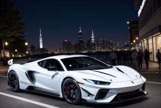 hyper cars, in the city, white paint, night, front view, (masterpiece, best quality, highly detailed) 