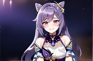 Keqing Genshin Impact, Twintelles, playful smile, cute dress, Purple eyes, seated, romantic environment, female, solo, looking at pov, Nyantcha style