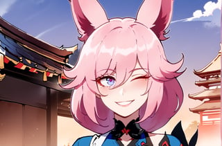 Yae Sakura Honkai Impact 3rd, female, solo, Nyantcha style, looking at pov, blue kimono, smile, temple, pink hair, fox ears, eye wink