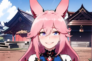 Yae Sakura Honkai Impact 3rd, female, solo, Nyantcha style, looking at pov, blue kimono, crying, smiling, temple, pink hair, fox ears