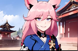 Yae Sakura Honkai Impact 3rd, female, solo, Nyantcha style, looking at pov, blue kimono, amused smile, temple, pink hair, fox ears