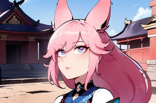 Yae Sakura Honkai Impact 3rd, female, solo, Nyantcha style, looking at pov, blue kimono, battle ready, thoughtful, temple, pink hair, fox ears