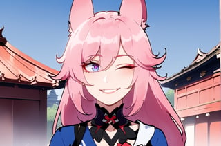 Yae Sakura Honkai Impact 3rd, female, solo, Nyantcha style, looking at pov, blue kimono, smile, temple, pink hair, fox ears, eye wink