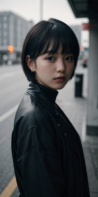 a young woman,looking at the camera,posing,ulzzang,naver fanpop,ffffound,streaming on twitch,character album cover,blues moment,style of Alessio Albi,daily wear,moody lighting,appropriate comparison of cold and warm,reality,