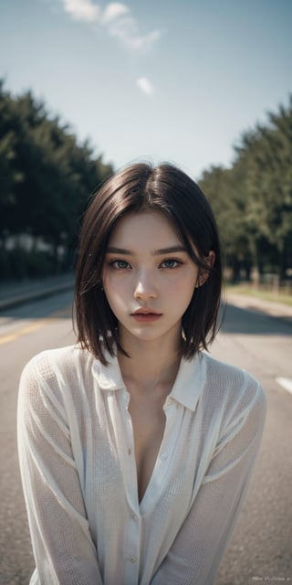 a young woman,looking at the camera,posing,ulzzang,naver fanpop,ffffound,streaming on twitch,character album cover,blues moment,style of Alessio Albi,daily wear,moody lighting,appropriate comparison of cold and warm,reality,