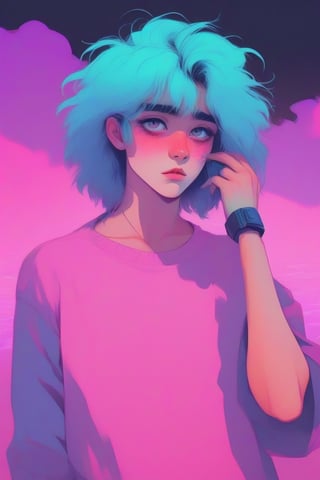 Genderless, hairy, flat_chest,eyes shoot, vaporwave color palette