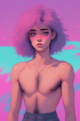 Genderless, hairy, flat_chest,eyes shoot, vaporwave color palette