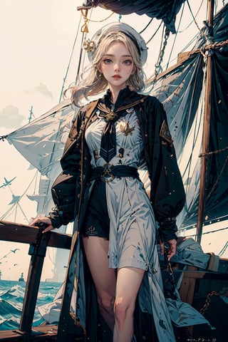 (masterpiece)  A seasoned sailor, standing at the helm of a ship, navigating through stormy seas with a map in hand. The character's expression should convey determination and focus as they chart their course through rough waters.

The sailor is dressed in traditional maritime attire, wearing a well-worn but sturdy captain's coat that billows in the wind. The coat is adorned with nautical symbols and patches that hint at previous voyages and maritime achievements. Underneath, they wear practical, salt-stained clothing suitable for the rigors of life at sea.

Their hands, calloused and roughened by years of handling ropes and sails, grip the ship's wheel with a firm and confident hold. The sleeves of their coat are rolled up, revealing strong, weather-beaten forearms that showcase the physical strength required for a life on the open sea.

A wide-brimmed hat shields the sailor's face from the driving rain, with strands of salt-soaked hair escaping from beneath. Their face is etched with wrinkles, telling tales of countless adventures and challenges faced on the high seas. The sailor's eyes, however, gleam with a spark of determination and wisdom, revealing the resilience that comes from navigating through storms both literal and metaphorical.

Around the sailor's neck hangs a compass on a weathered chain, a symbol of their unwavering commitment to charting a course through uncharted waters. The compass needle points true, guiding them through the storm with a blend of skill and intuition.

Overall, the seasoned sailor exudes a timeless, seafaring charm, embodying the archetype of a master navigator who has weathered the harshest seas and emerged stronger and wiser.(Miho Hirano art),Redayana