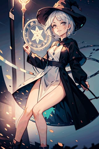 (masterpiece), outdoors, night, shooting star, meteor shower, night sky, starry sky, , comet, shooting star, , 1girl, purple eyes, silver hair, medium hair, witch , grin, Huge magic circle on the ground, summoning, casting magic,light,light circle,Redayana