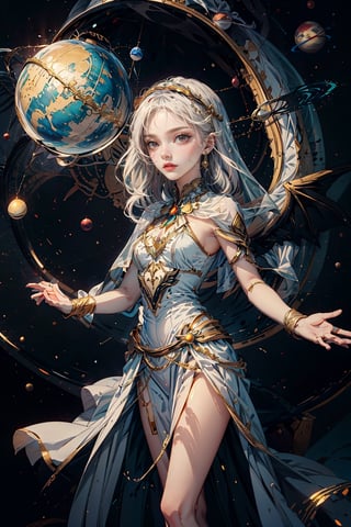 {{{masterpiece}}}, {{{best quality}}}, {{ultra-detailed}}, {illustration}, {{an extremely delicate and beautiful}},(1girl),(((planet))), silver hair, , ((gold eyes)),spread arms,outstretched hand,veil,glowing wings,bored,petite