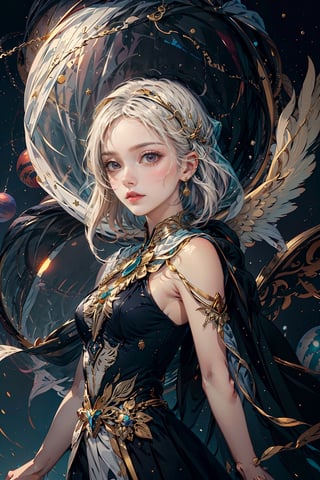 {{{masterpiece}}}, {{{best quality}}}, {{ultra-detailed}}, {illustration}, {{an extremely delicate and beautiful}},(1girl),(((planet))), silver hair, , ((gold eyes)),spread arms,outstretched hand,veil,glowing wings,bored,petite