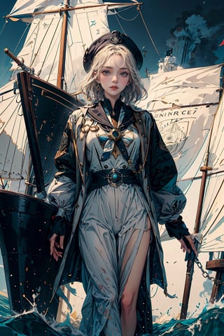 (masterpiece)  A seasoned sailor, standing at the helm of a ship, navigating through stormy seas with a map in hand. The character's expression should convey determination and focus as they chart their course through rough waters.

The sailor is dressed in traditional maritime attire, wearing a well-worn but sturdy captain's coat that billows in the wind. The coat is adorned with nautical symbols and patches that hint at previous voyages and maritime achievements. Underneath, they wear practical, salt-stained clothing suitable for the rigors of life at sea.

Their hands, calloused and roughened by years of handling ropes and sails, grip the ship's wheel with a firm and confident hold. The sleeves of their coat are rolled up, revealing strong, weather-beaten forearms that showcase the physical strength required for a life on the open sea.

A wide-brimmed hat shields the sailor's face from the driving rain, with strands of salt-soaked hair escaping from beneath. Their face is etched with wrinkles, telling tales of countless adventures and challenges faced on the high seas. The sailor's eyes, however, gleam with a spark of determination and wisdom, revealing the resilience that comes from navigating through storms both literal and metaphorical.

Around the sailor's neck hangs a compass on a weathered chain, a symbol of their unwavering commitment to charting a course through uncharted waters. The compass needle points true, guiding them through the storm with a blend of skill and intuition.

Overall, the seasoned sailor exudes a timeless, seafaring charm, embodying the archetype of a master navigator who has weathered the harshest seas and emerged stronger and wiser.(Miho Hirano art),Redayana